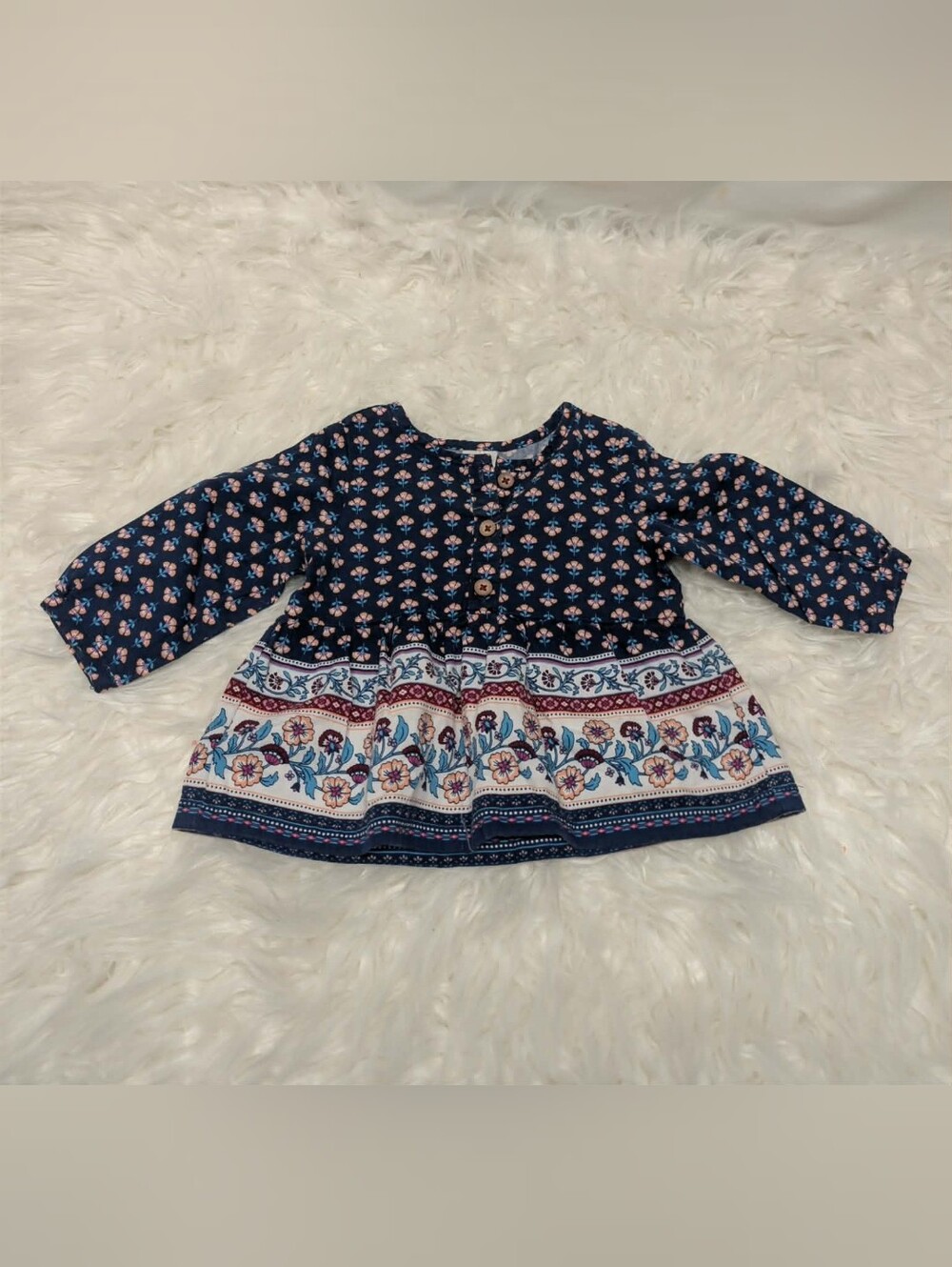 Navy Floral Border Print Long-Sleeve Top for Kids Baby 3 months vintage boho